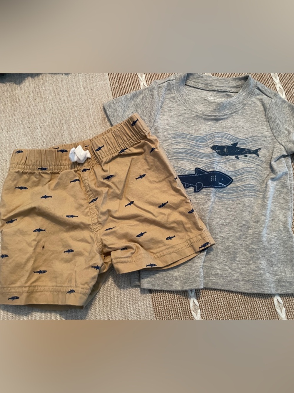 Carter's Soft Gray Heather Crew Tee and shark print khaki shorts